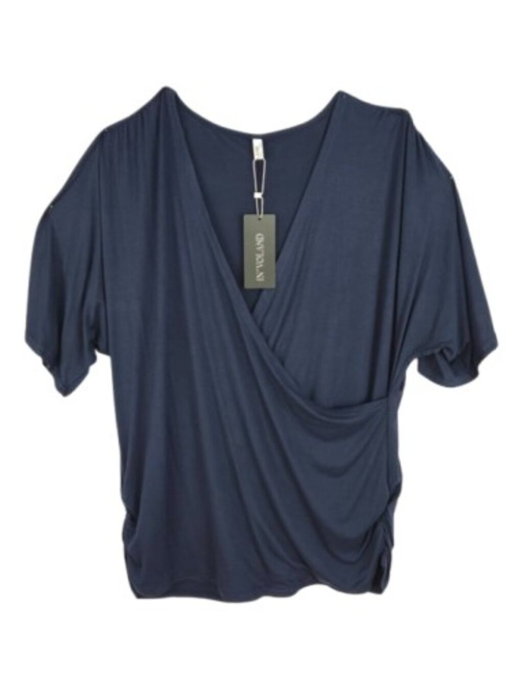 NWT In'Voland 18W Navy Draped Wrap Front Batwing Blouse